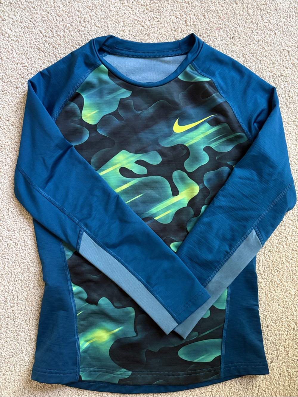 Nike Kids Teal & Black Camo Long Sleeve cold weather Dri-fit